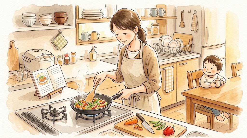 台所のコンロで、母親がフライパンの野菜を木べらで炒めている。横にはレシピの冊子が立てかけてあり、まな板には切った人参・さやえんどう・赤ピーマンが並ぶ。右手のテーブルでは子どもがマグカップを持って待っている